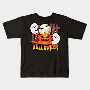 Halloween Pumpkin Candy Ghosts Moon Bat Scary Spooky Costume Kids T-Shirt